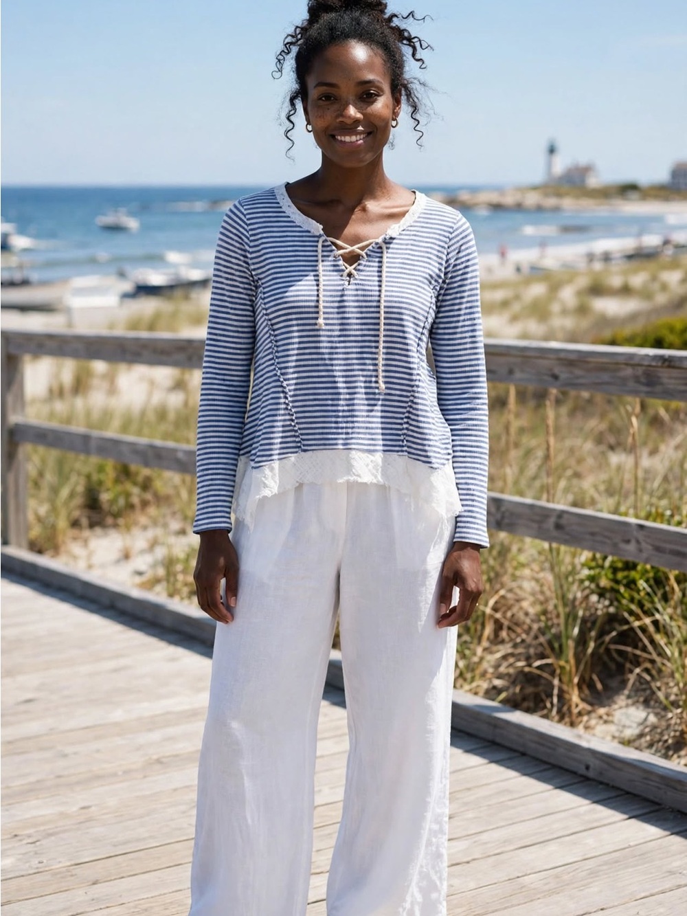 Striped Lace-Up Long Sleeve Top with Lace Hem - Blue & White